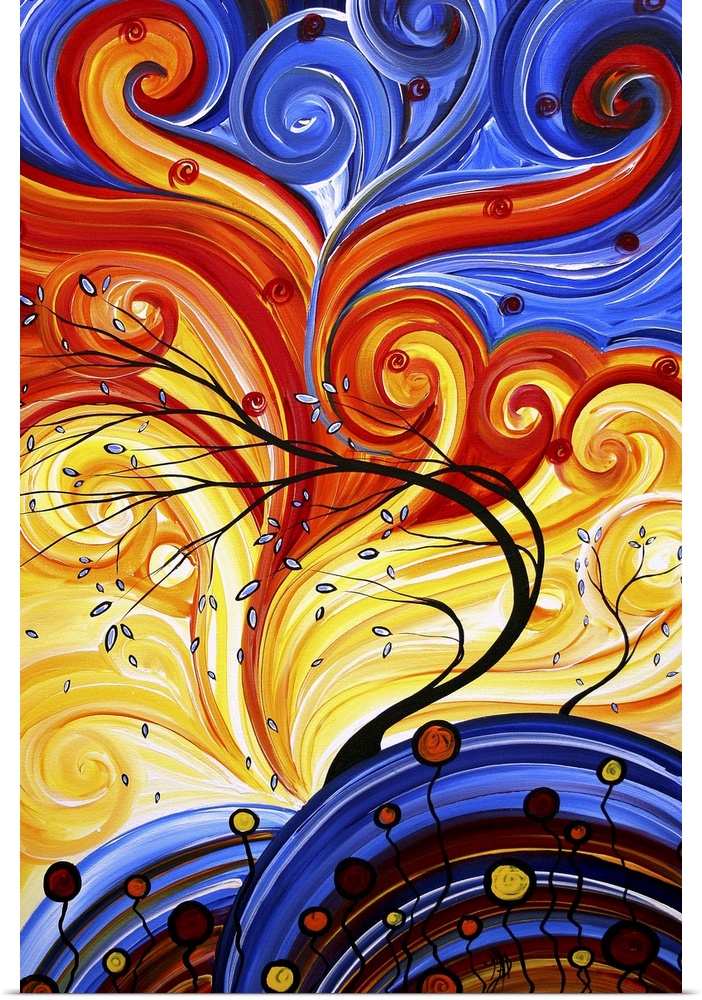 Bright and rich colorful contemporary abstract painting of trees blowing in wind with leaves falling and swirls of colorfu...