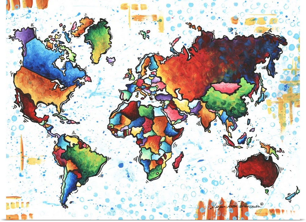 Contemporary painting of a colorful world map against a white background.