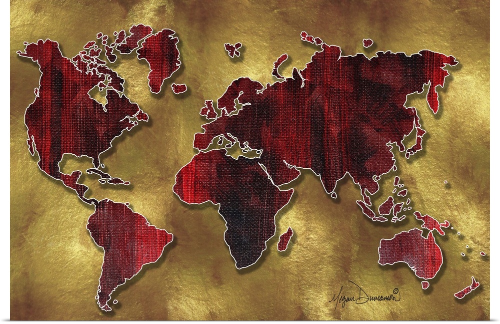 Contemporary painting of a world map in red tones against an earth toned background.