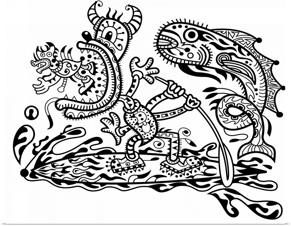 Contemporary artwork of an intricately designed monster with horns paddle boarding, with a giant fish leaping out of the w...