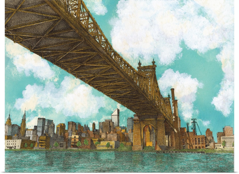 Contemporary illustration of the 59th street bridge spanning the east river in New York city.