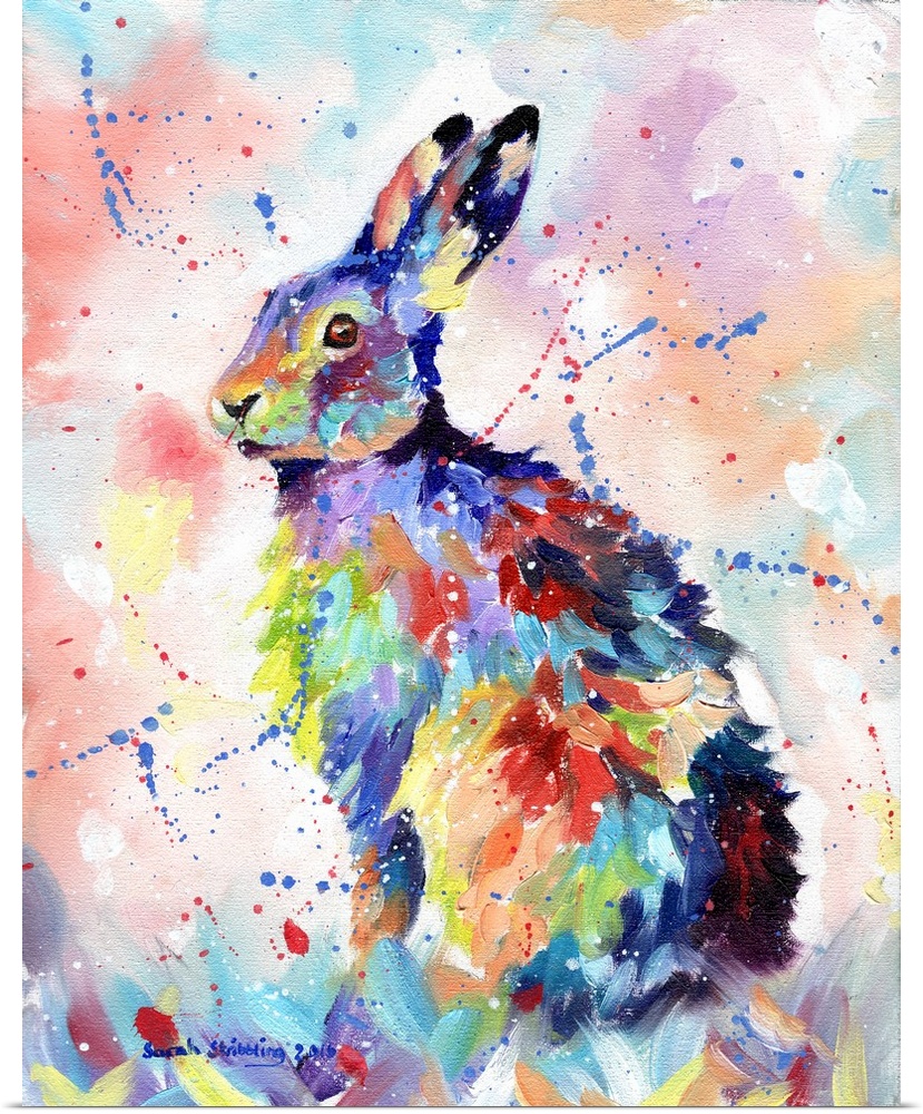 Multicolored painting of an alert hare.