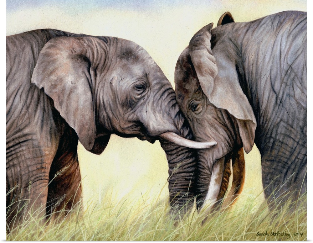 Oil on canvas oil painting of two African elephants.