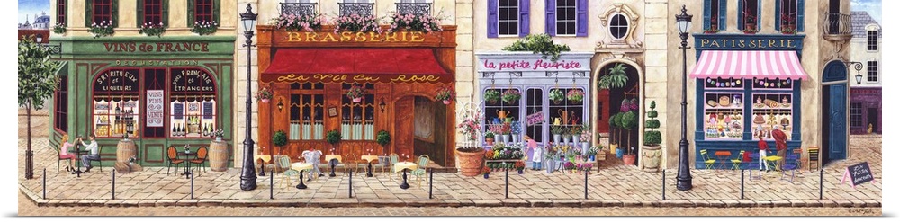 Parisian street with storefronts for a wine shop, cafe, florist, and bakery.