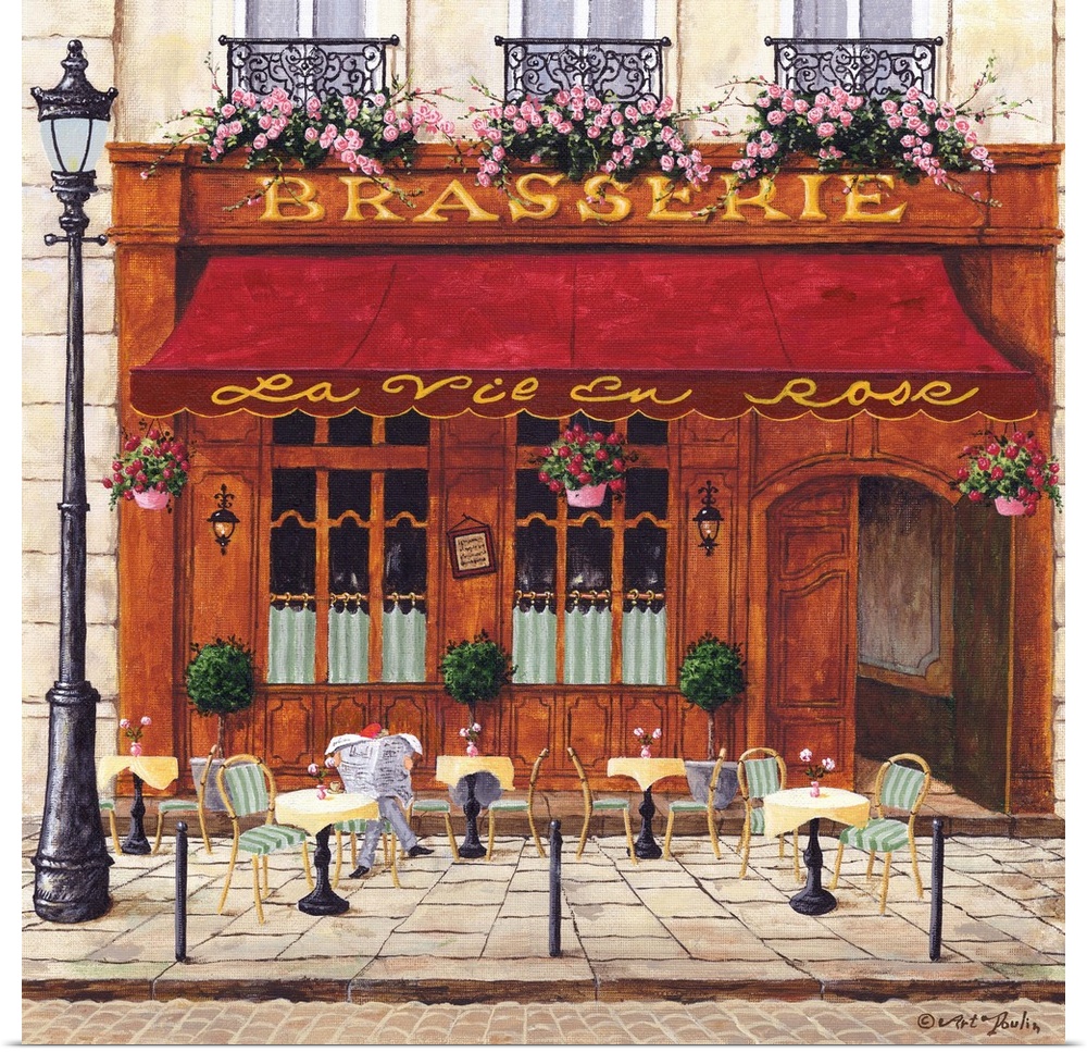 Painting of a Parisian cafe with seating out front.