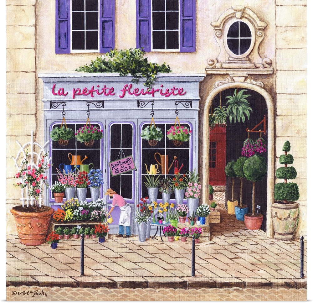 Painting of a Parisian flower shop storefront.