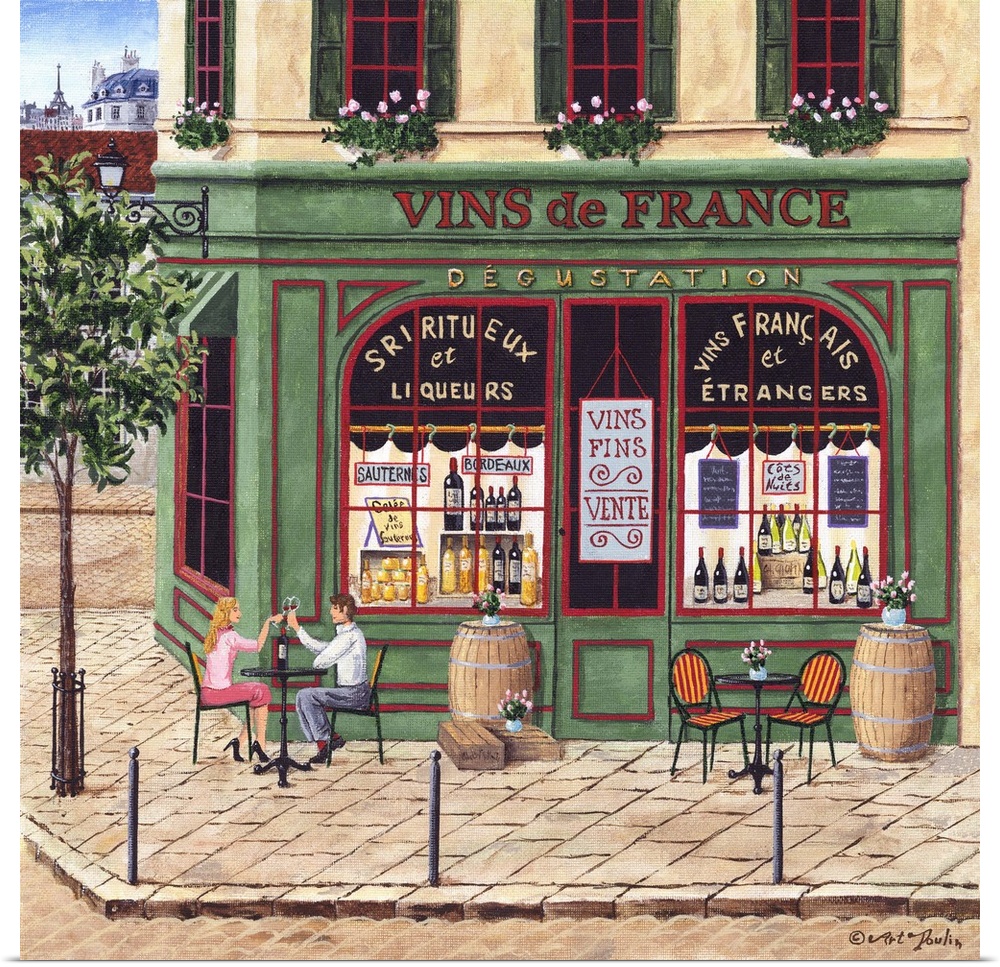 Painting of a Parisian wine and liquor storefront.