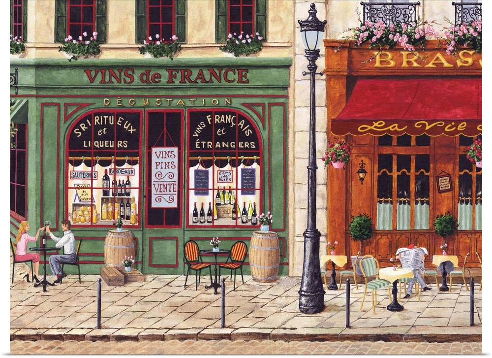 Painting of a wine store and cafe in Paris.