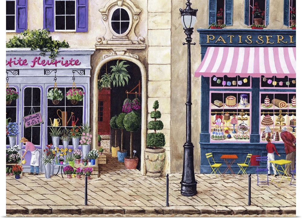 Painting of a florist and bakery in Paris.