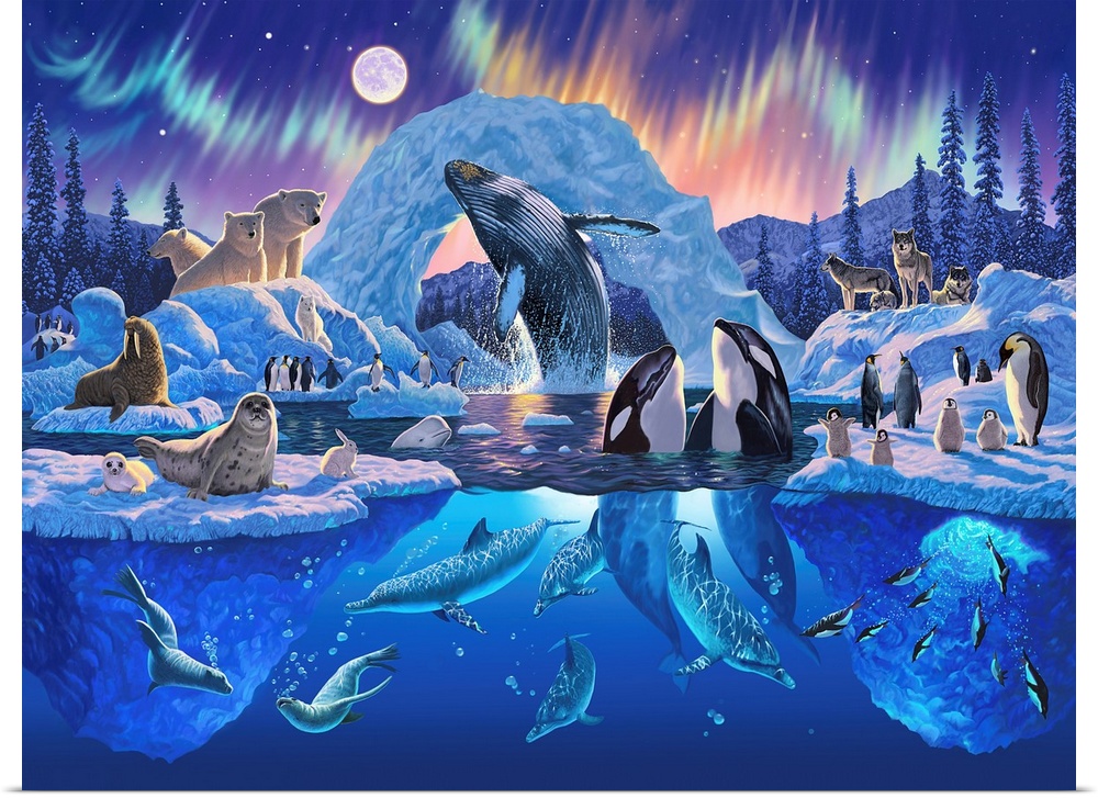 Whimsical painting of polar life.  There are images of killer whales, penguins, polar bears, walruses, wolves, seals, sea ...