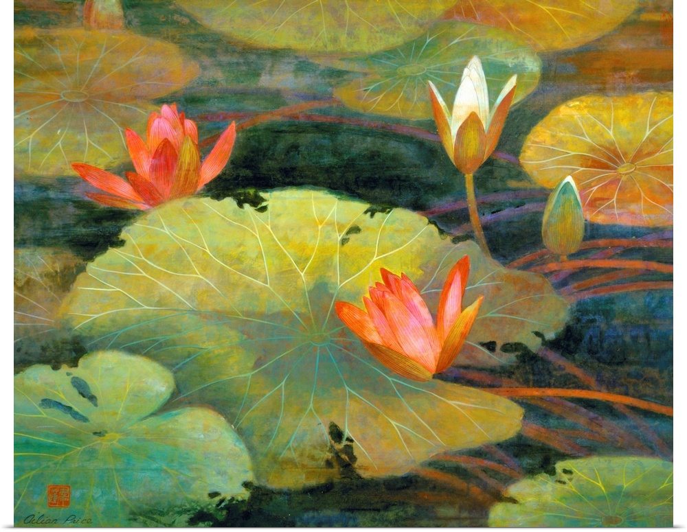 This is a horizontal, contemporary painting full of detail of lily pads and lotus blossoms floating in a murky pond.