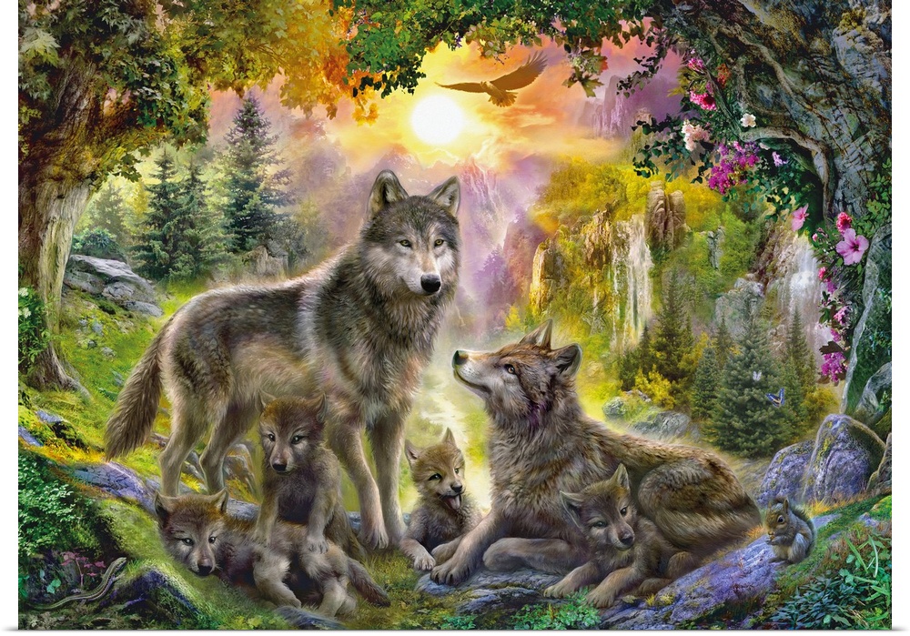 Fantasy painting of an eagle flying above two adult wolves and their children in a lush fall landscape.