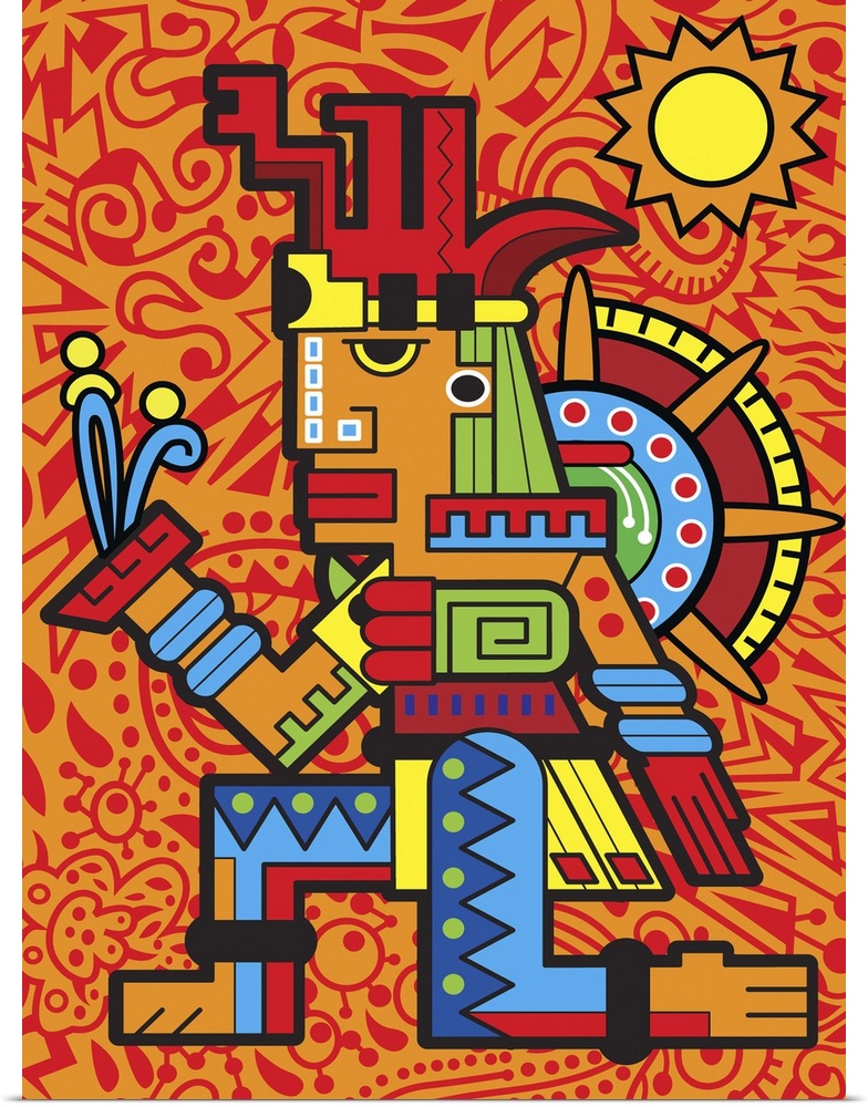 Colorful urban art inspired Aztec design of a figure in elaborate patterns and colors. Against an intricately decorated ba...