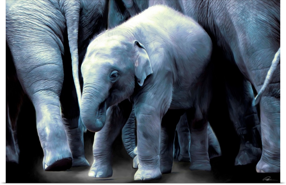 Contemporary animal art of a baby elephant in a herd of adult elephants.