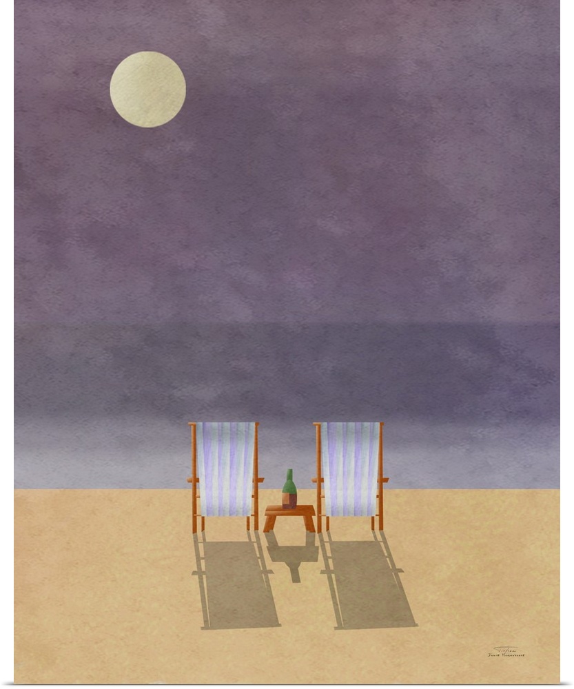 Two beach chairs on the sand under a full moon.