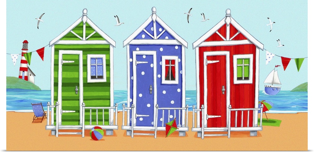 Whimsical colorful beach art of three different colored beach huts, with the ocean in the background.