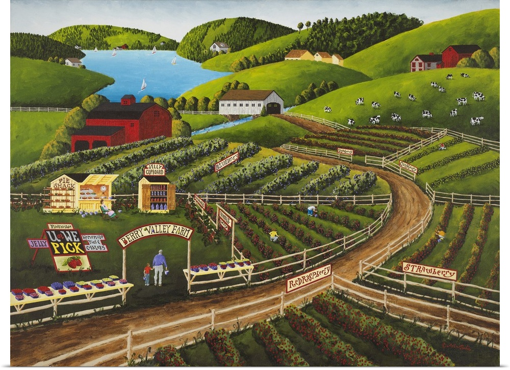 Americana scene of a berry farm selling jelly and pies.