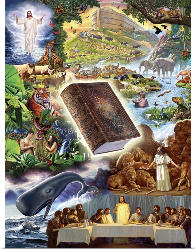 Elements from the Bible in composite format - walking on the water, Noahs Ark, The Bible, Daniel in the lion's Den, Adam a...