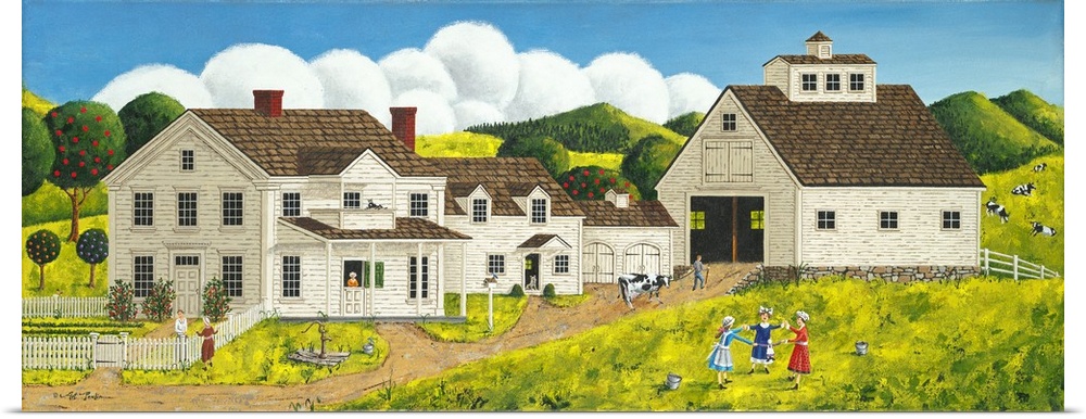 Americana scene of children playing outside of a large farmhouse and barn.