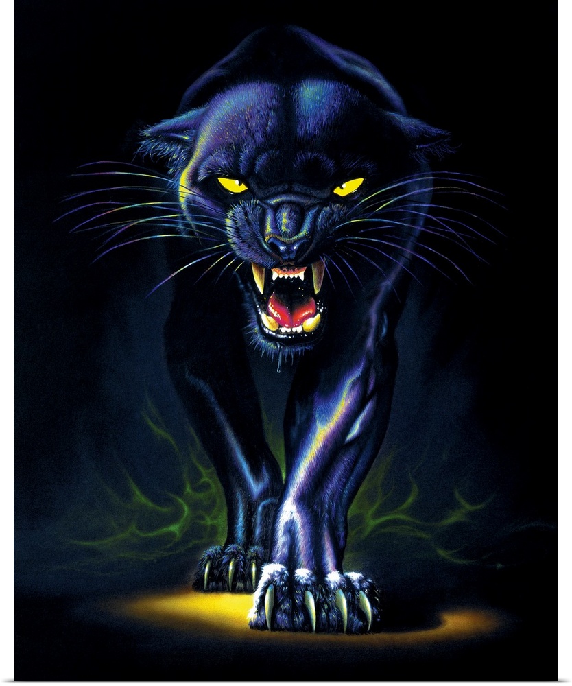 This fantasy style artwork shows a panther as it snarls and creeps toward the front of the painting.