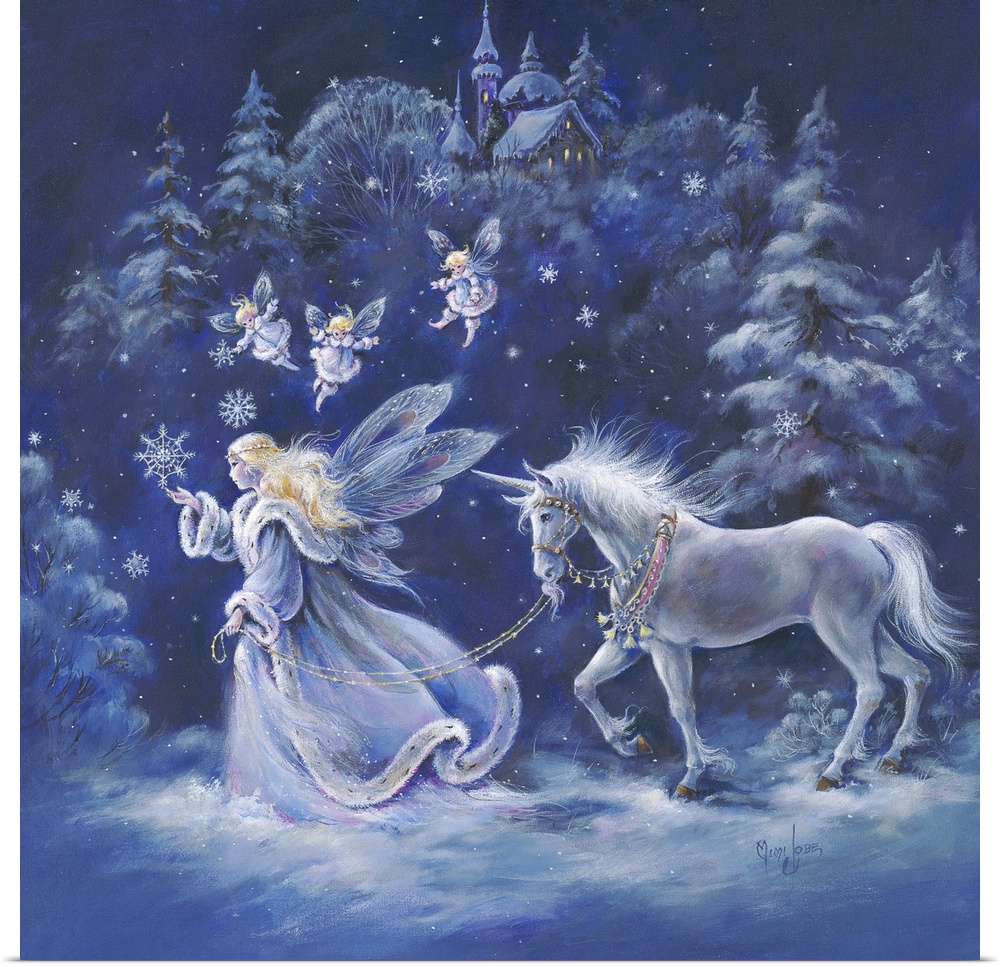 Whimsical contemporary fantasy artwork of fairies and unicorns in an enchanted wood.