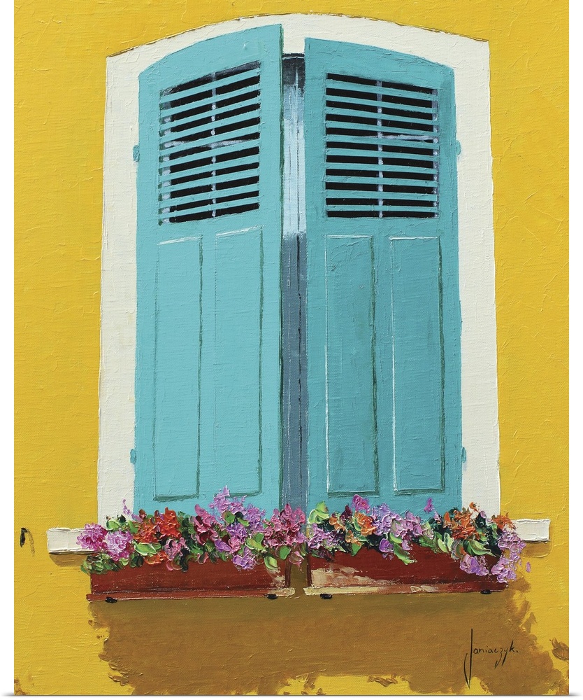 Contemporary painting of a bright yellow wall with blue shutters and flower boxes.