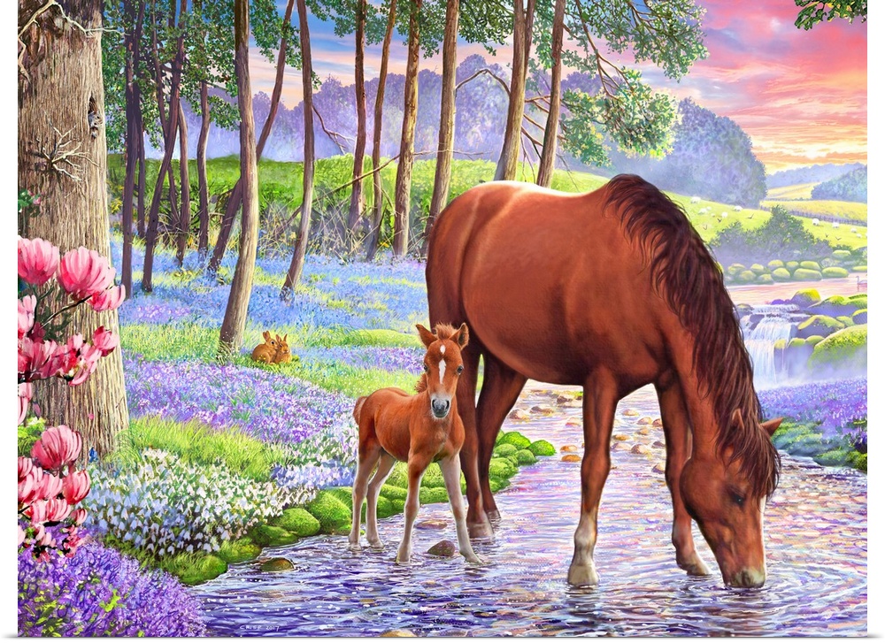Mare and Foal in a stream running through a bluebell wood.