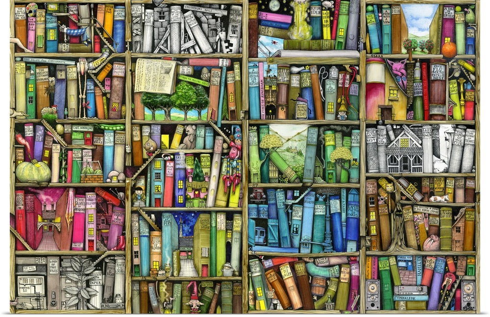 Fantasy illustration of a shelf full of books with hidden figures and objects. Each section of the shelf creates a separat...
