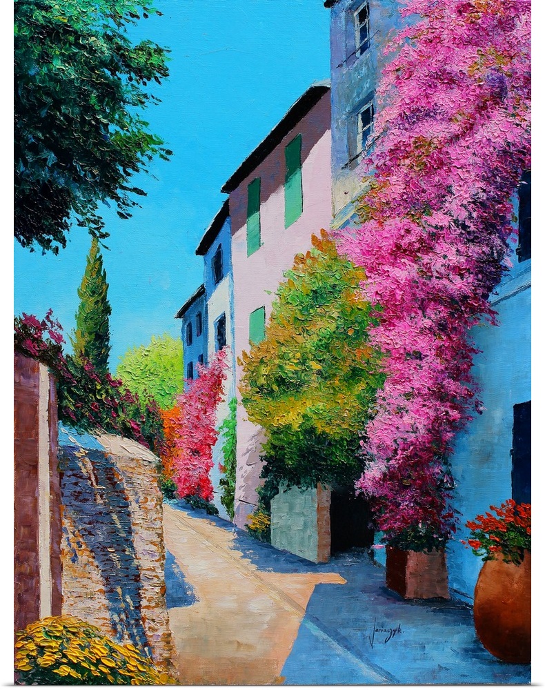 Contemporary painting of a rural village covered in bright flowers.