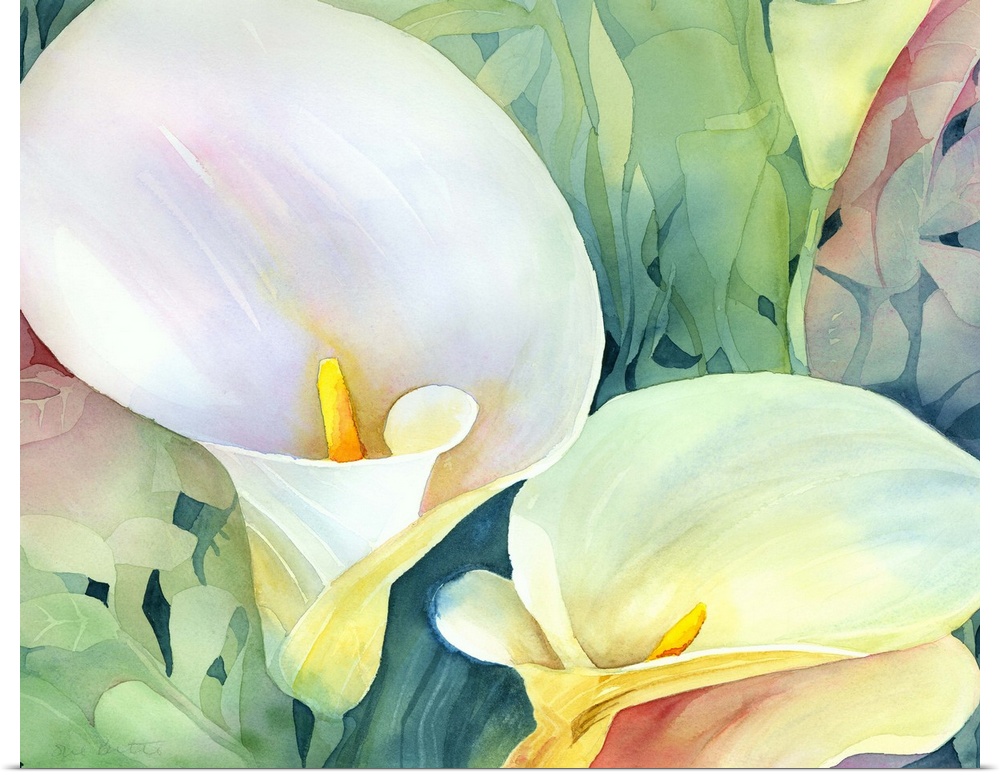 Contemporary watercolor painting of brightly colored flowers.