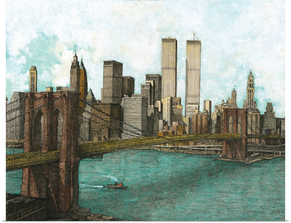 Contemporary illustration of the Brooklyn bridge spanning the east river in New York city.