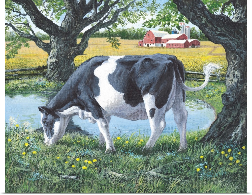 Contemporary artwork of a cow grazing on lush grass next to a pond, with a red barn in the distance.