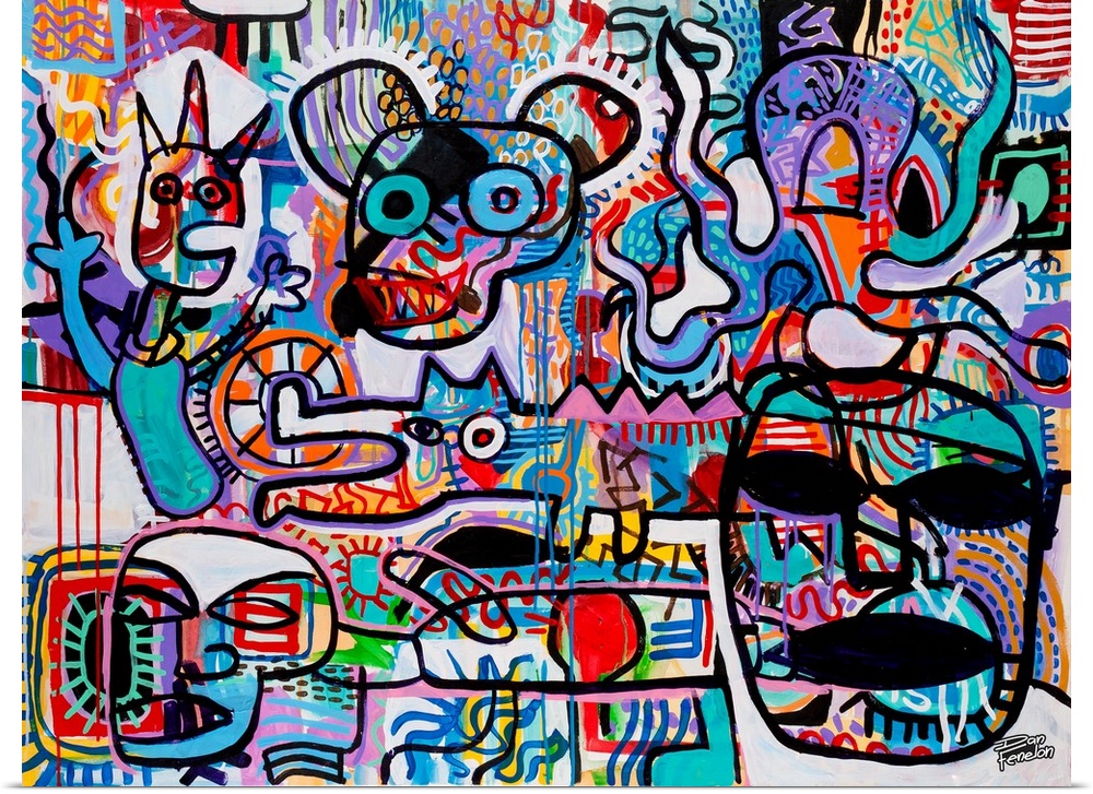 Contemporary abstract painting using mouse forms with human forms in an urban art style.