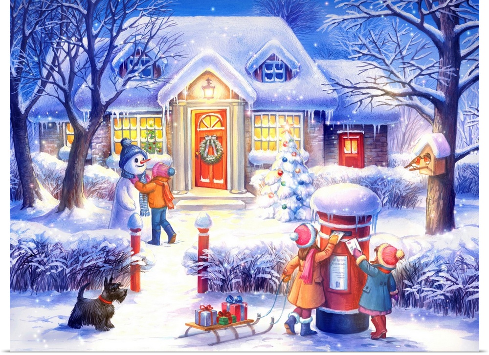Artwork of kids playing in the snow in their front yard on a snowy night.  There is a sled with gifts, a dog, snowman, and...