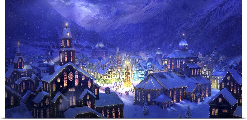 Contemporary artwork of a snowy mountain village illuminated by the Christmas put up by the town.