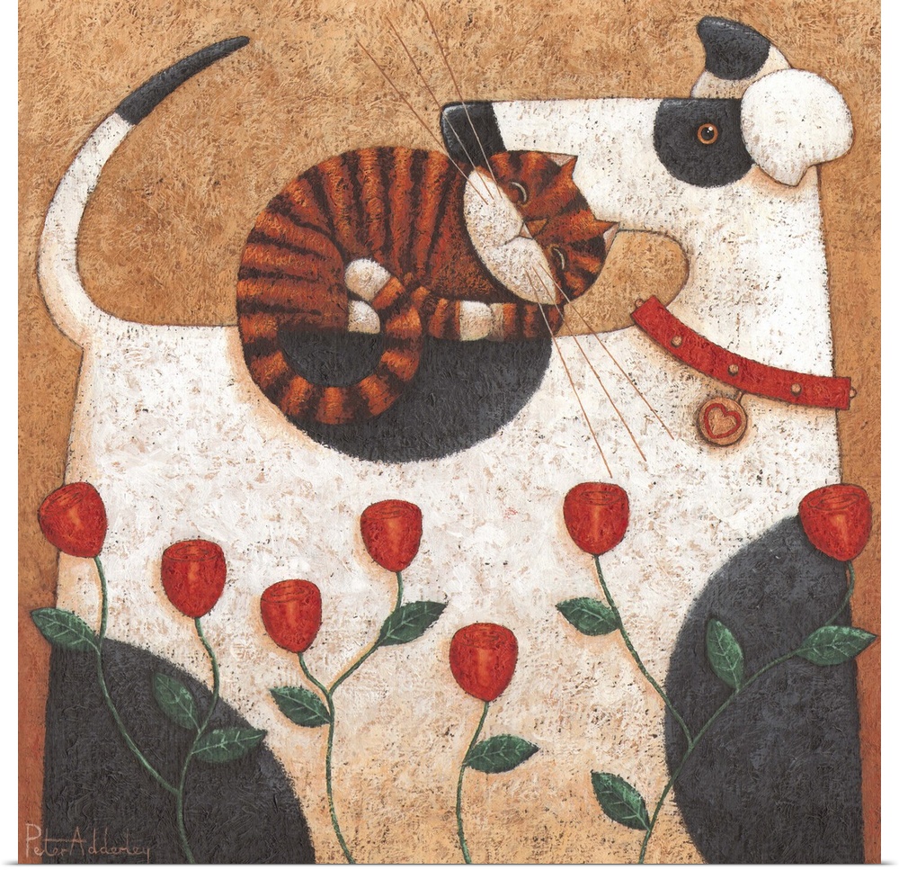 Contemporary painting of a dog with big black spots, with an orange striped cat sleeping on the dogs back.
