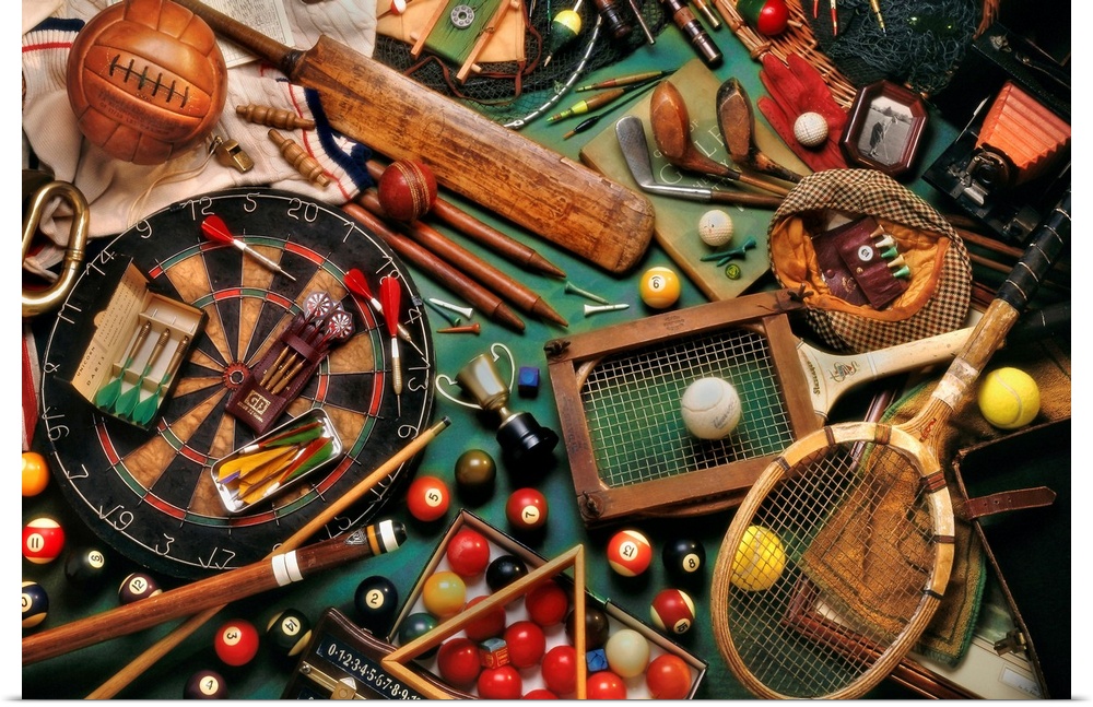 A still life photograph of antique sports equipment such as darts, billiards, tennis rackets, golf clubs, and a cricket ba...