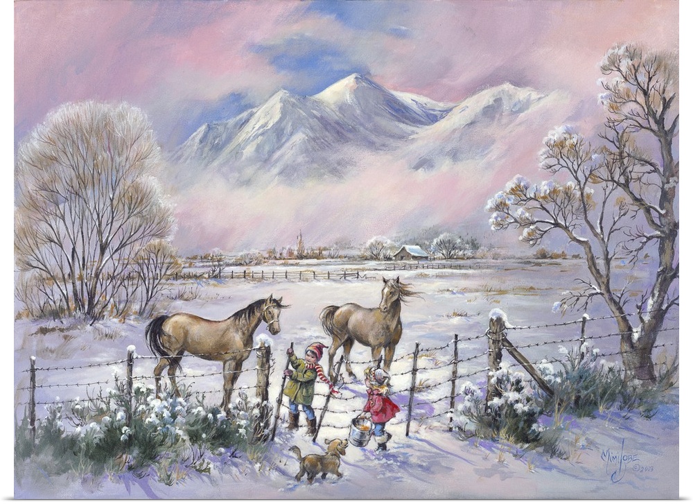 Contemporary painting of two children fixing a fence to the horse paddock.