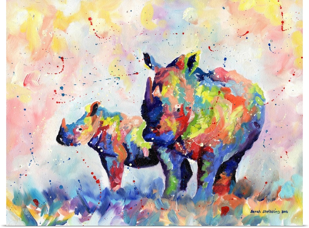 Rhino and baby in rainbow colors painted in oil paints on canvas.