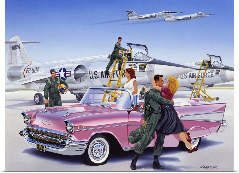 Air Force F-104 Starfighters and a 1957 Chevy convertible
