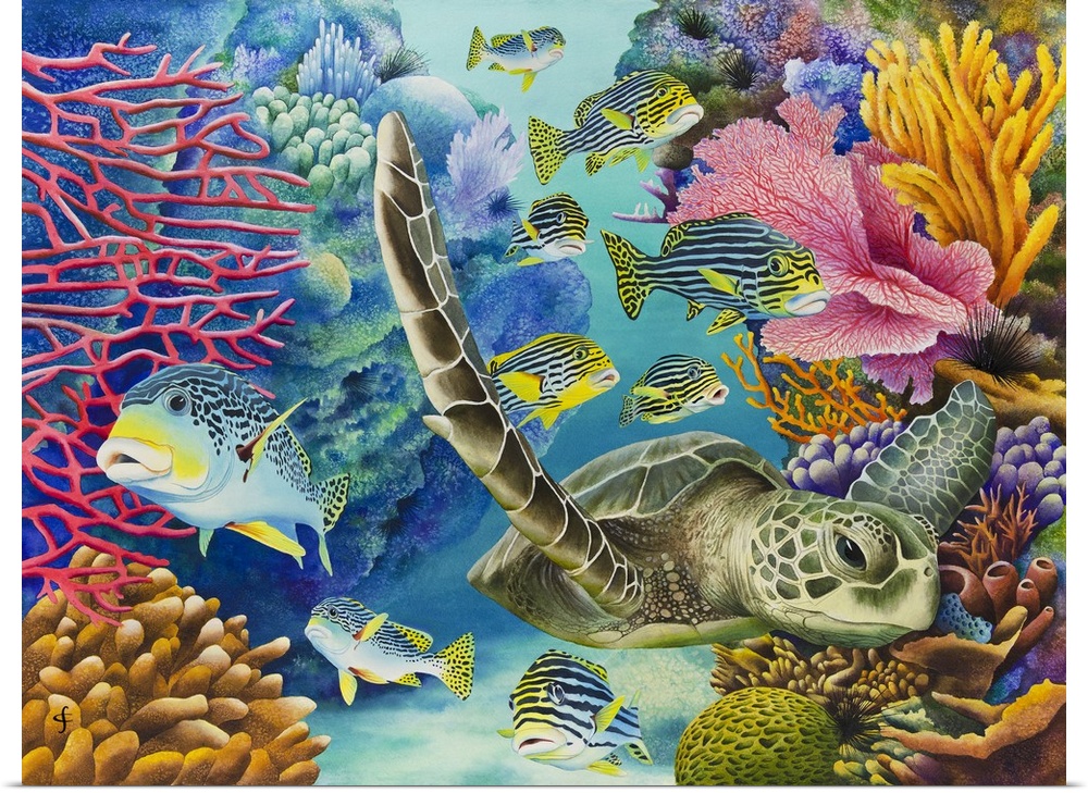 Whimsy watercolor painting of a sea turtle a tropical fish swimming through a coral reef.