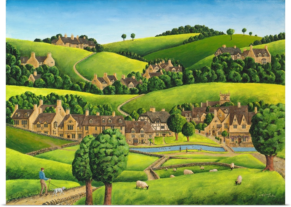 Artwork of a small village nestled in the hills of England.
