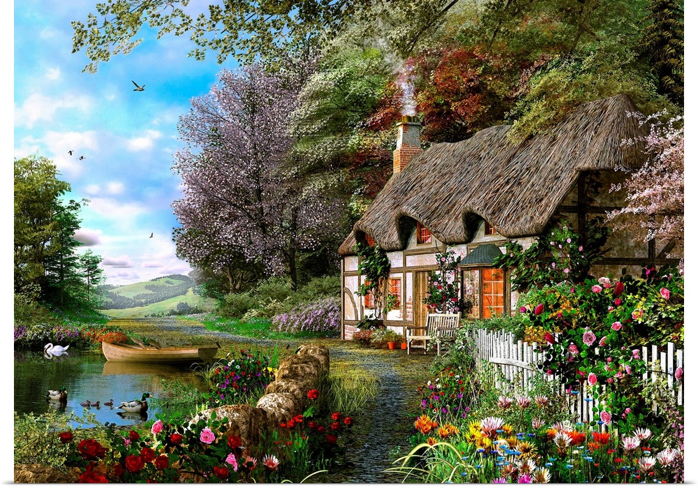 Traditional painting of county home by lake.  The chimney is smoking and the home is surrounded by trees and colorful flow...