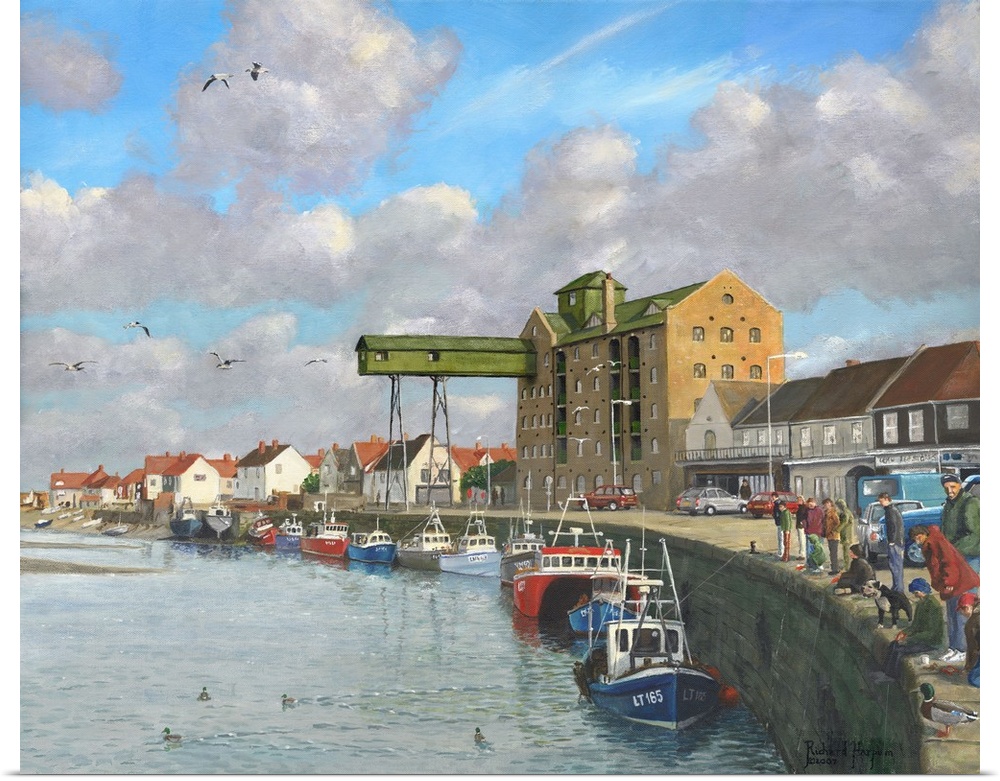 Contemporary painting of a harbor town, with boats lining the harbor walls.