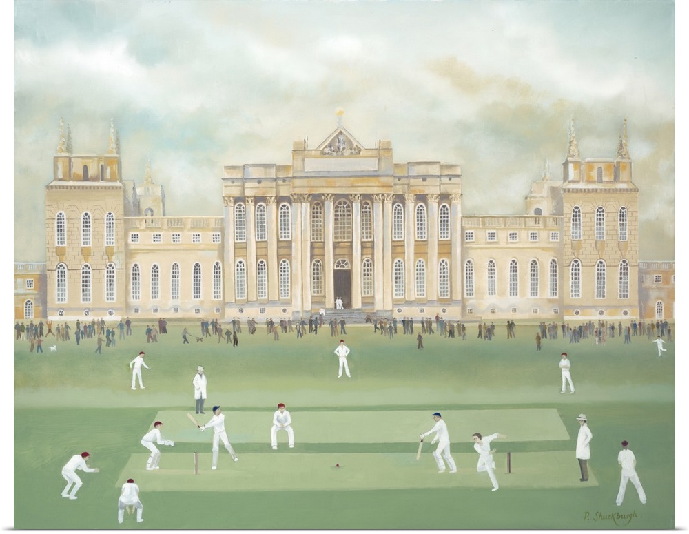 Contemporary painting of people playing cricket out front of Blenheim palace.