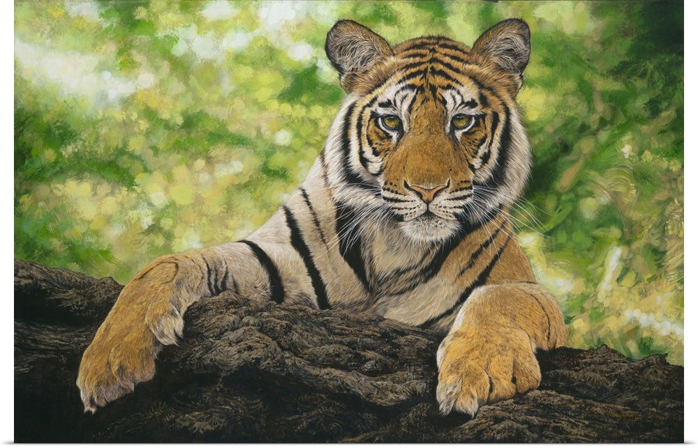 Contemporary painting of a young tiger cub leaning over a log.