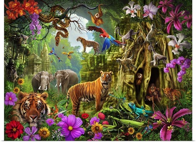 Dark Jungle Temple And Tigers