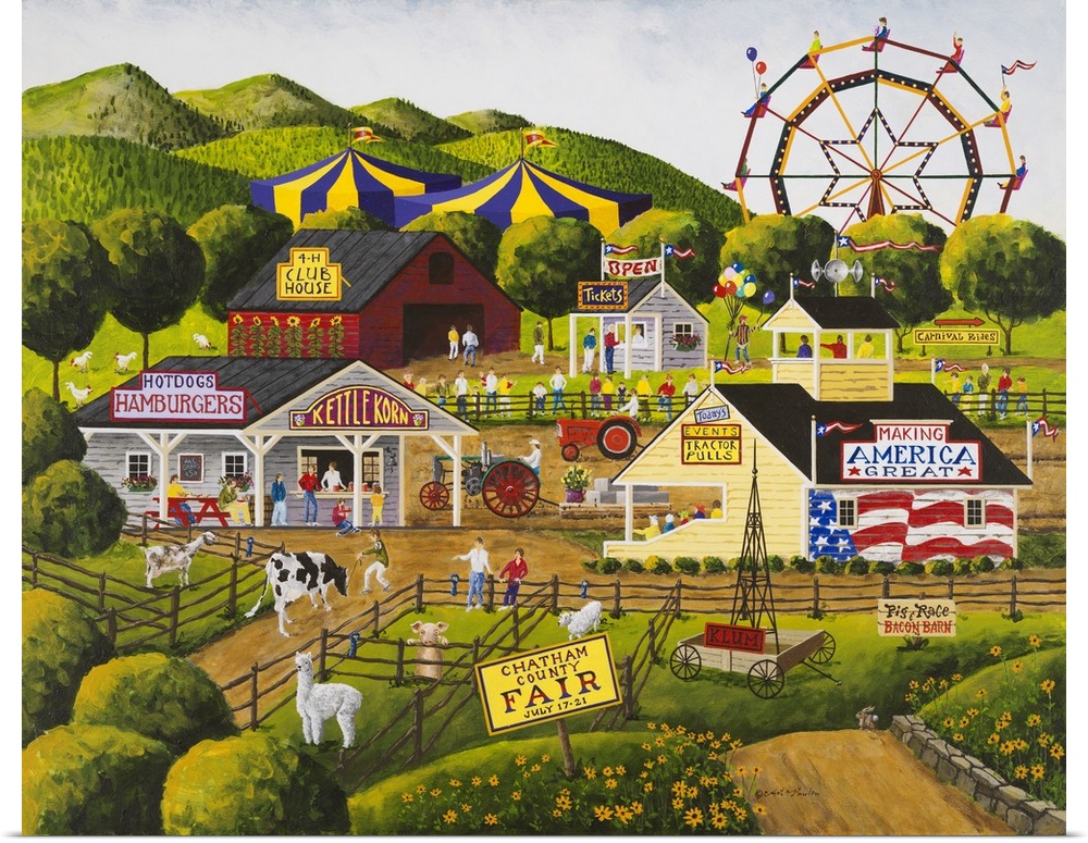Americana scene of a county fair with a Ferris Wheel and livestock shows.