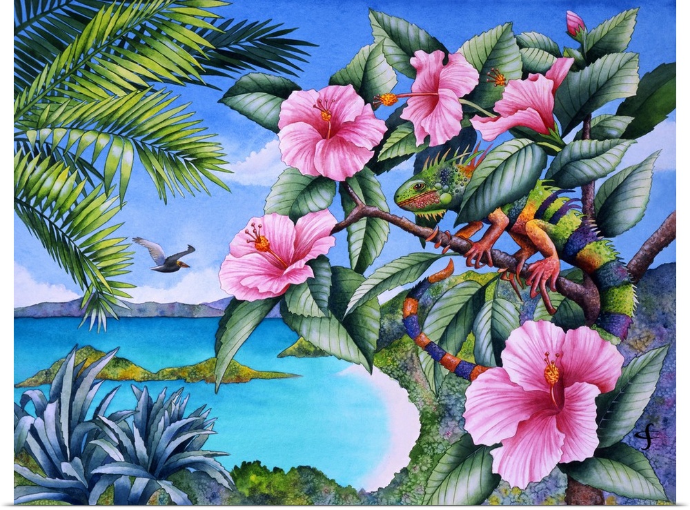 Tropical themed artwork of an iguana scaling a flowering branch.
