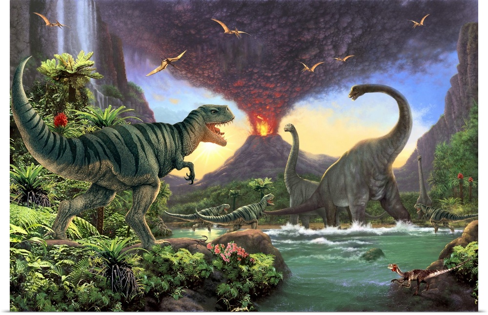 Large detailed painting of dinosaurs fleeing an exploding volcano.